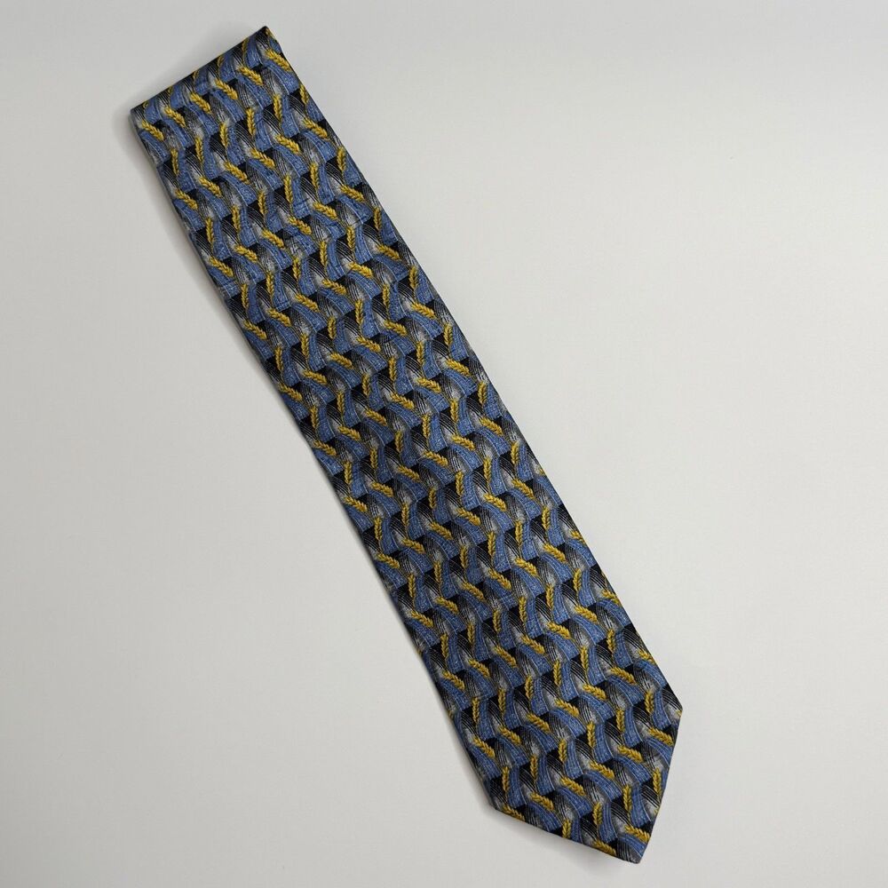 Ermenegildo Zegna Blue Grey & Yellow Wheat Leaf Print Silk Neck Tie
